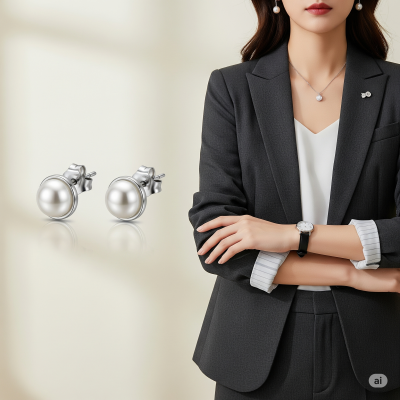 Hình ảnh khuyên tai bạc đẹp thời thượng đính ngọc trai kết hợp cùng trang phục công sở