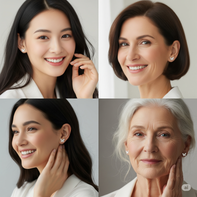 Phụ nữ ở nhiều độ tuổi đeo khuyên bạc hình bươm bướm tinh tế