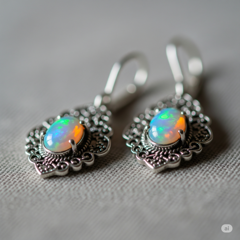 Khuyên bạc đính đá opal trên nền vải sáng màu, ánh sáng nhẹ